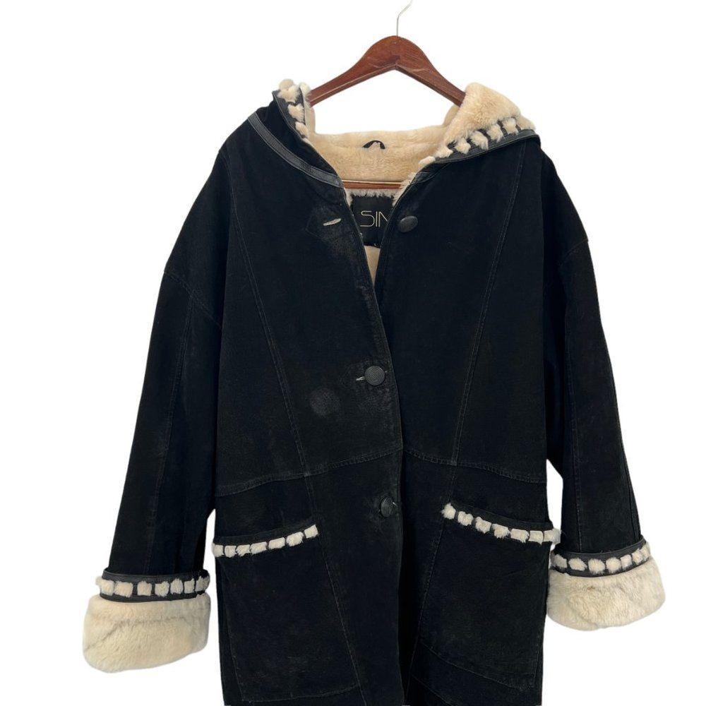 Vintage Sin by Morgan Cooper Black Suede Faux Fur Hooded Trench Coat Jacket L - Picture 5 of 16